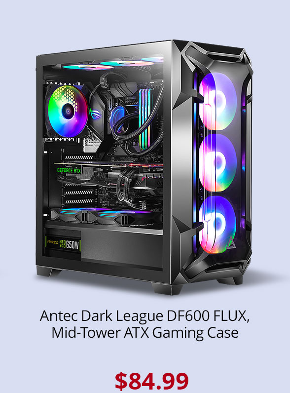 Antec Dark League DF600 FLUX, Mid-Tower ATX Gaming Case, FLUX Platform, 5 x 120mm Fans Included, ARGB & PWM Fan Controller, Tempered Glass Side Panel, 2 x USB3.0, High-End GPU Support
