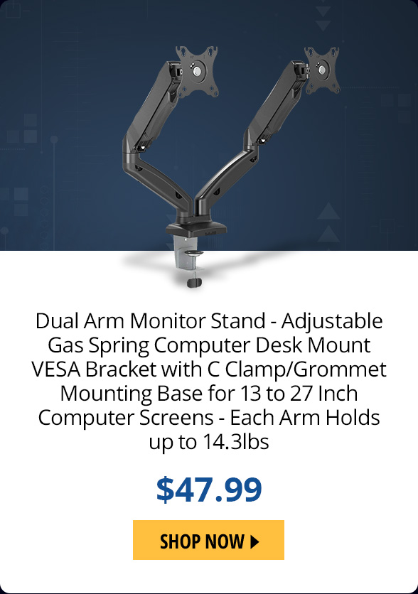 Dual Arm Monitor Stand - Adjustable Gas Spring Computer Desk Mount VESA Bracket with C Clamp/Grommet Mounting Base for 13 to 27 Inch Computer Screens - Each Arm Holds up to 14.3lbs