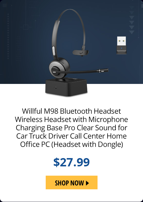 Willful M98 Bluetooth Headset Wireless Headset with Microphone Charging Base Pro Clear Sound for Car Truck Driver Call Center Home Office PC (Headset with Dongle)