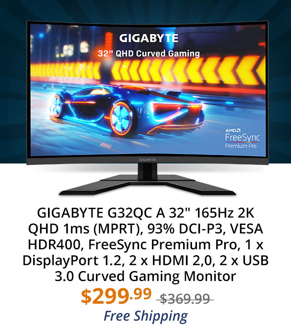 GIGABYTE G32QC A 32" 165Hz 2K QHD 1ms (MPRT), 93% DCI-P3, VESA HDR400, FreeSync Premium Pro, 1 x DisplayPort 1.2, 2 x HDMI 2,0, 2 x USB 3.0 Curved Gaming Monitor