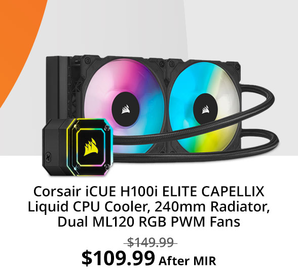 Corsair iCUE H100i ELITE CAPELLIX Liquid CPU Cooler, 240mm Radiator, Dual ML120 RGB PWM Fans