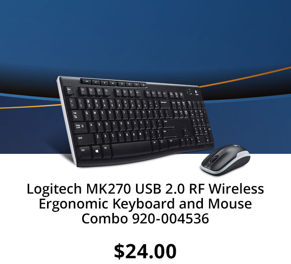 Logitech MK270 USB 2.0 RF Wireless Ergonomic Keyboard and Mouse Combo 920-004536