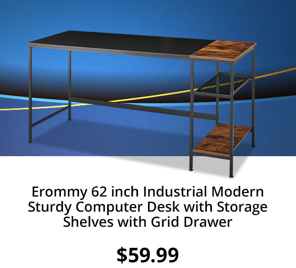 Erommy 62 inch Industrial Modern Sturdy Computer Desk with Storage Shelves with Grid Drawer