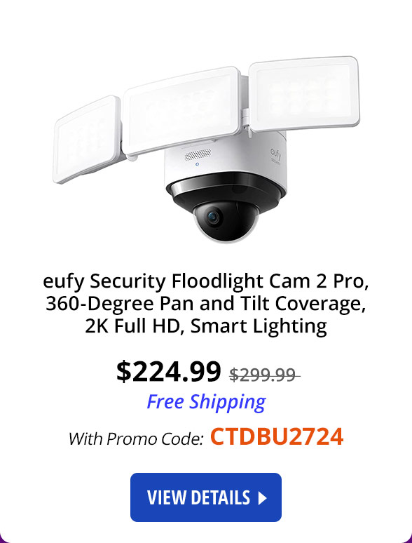 eufy Security Floodlight Cam 2 Pro, 360-Degree Pan and Tilt Coverage, 2K Full HD, Smart Lighting