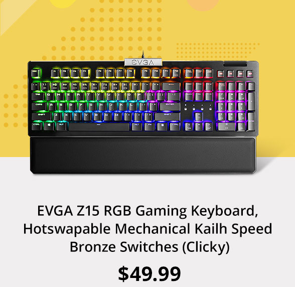 EVGA Z15 RGB Gaming Keyboard, Hotswapable Mechanical Kailh Speed Bronze Switches (Clicky)