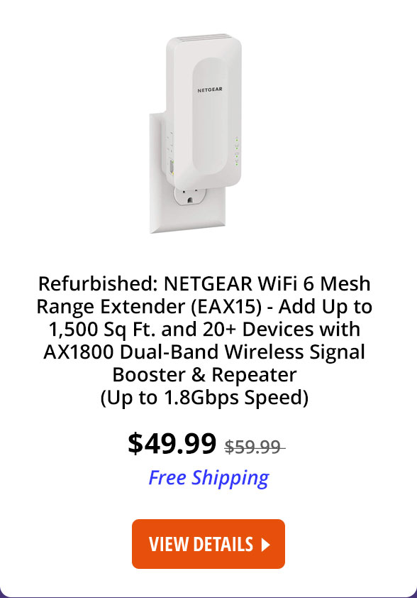 Refurbished: NETGEAR WiFi 6 Mesh Range Extender (EAX15) - Add up to 1,500 sq. ft. and 20+ Devices with AX1800 Dual-Band Wireless Signal Booster & Repeater (up to 1.8Gbps Speed), WPA3 Security, Smart Roaming