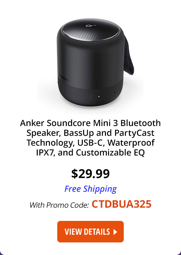 Anker Soundcore Mini 3 Bluetooth Speaker, BassUp and PartyCast Technology, USB-C, Waterproof IPX7, and Customizable EQ