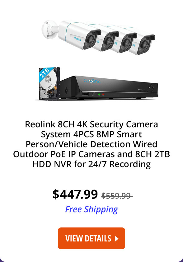 Reolink 8CH 4K Security Camera System 4pcs 8MP Smart Person/Vehicle Detection Wired Outdoor PoE IP Cameras and 8CH 2TB HDD NVR for 24/7 Recording, Remote Access, RLK8-810B4-A