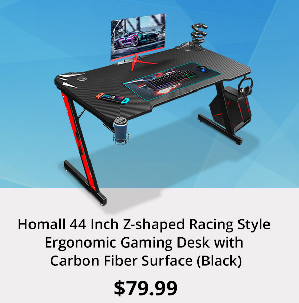 Homall 44 Inch Z-shaped Racing Style Ergonomic Gaming Desk with Carbon Fiber Surface (Black)