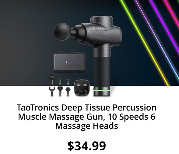 TaoTronics Deep Tissue Percussion Muscle Massage Gun, 10 Speeds 6 Massage Heads