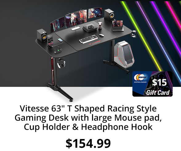 Vitesse 63" T Shaped Racing Style Gaming Desk with large Mouse pad, Cup Holder & Headphone Hook