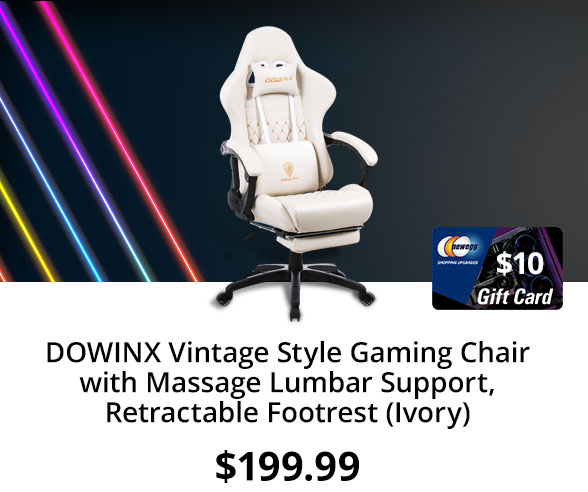 DOWINX Vintage Style Gaming Chair with Massage Lumbar Support, Retractable Footrest (Ivory)