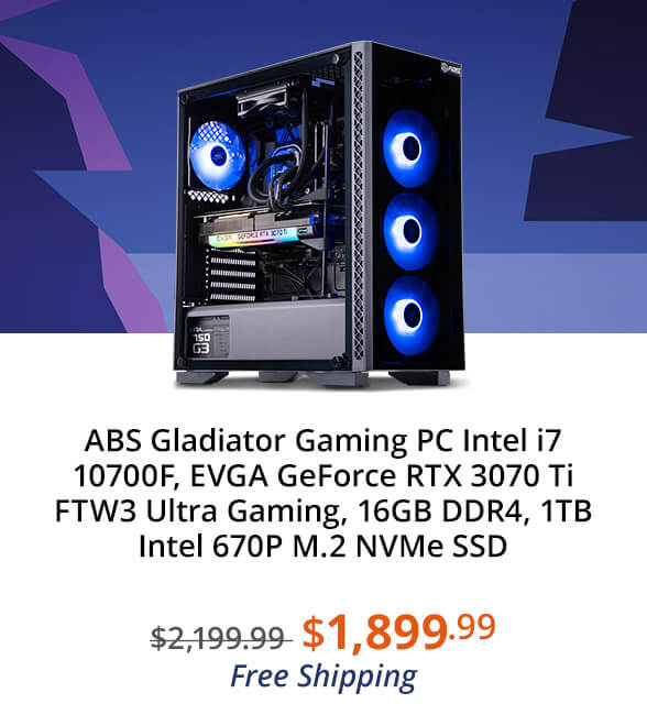 ABS Gladiator Gaming PC Intel i7 10700F, EVGA GeForce RTX 3070 Ti FTW3 Ultra Gaming, 16GB DDR4, 1TB Intel 670P M.2 NVMe SSD