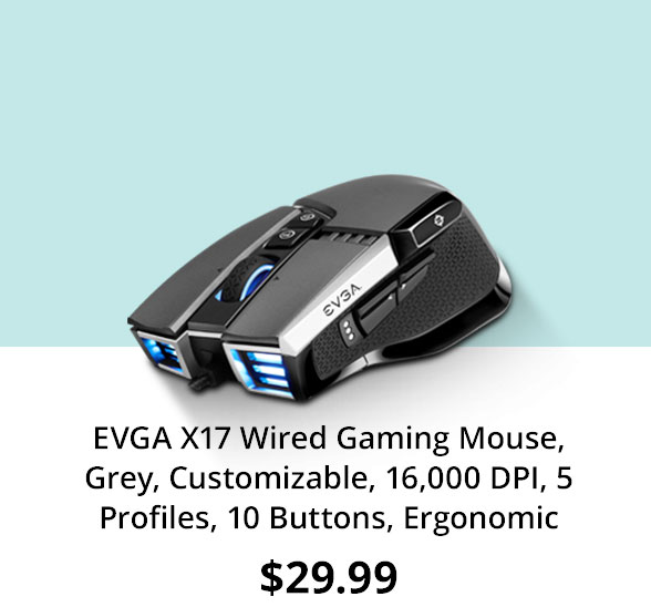 EVGA X17 Wired Gaming Mouse, Grey, Customizable, 16,000 DPI, 5 Profiles, 10 Buttons, Ergonomic