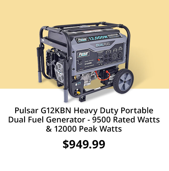 Pulsar G12KBN Heavy Duty Portable Dual Fuel Generator - 9500 Rated Watts & 12000 Peak Watts