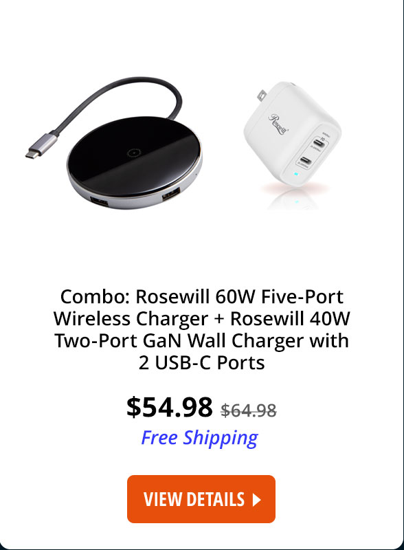 Rosewill 60W Five-Port Wireless Charger and Data Transfer USB Hub with 1 USB-C Port 3 USB-A Ports and 1 HDMI Port with 4K Ultra HD USB-C Power Delivery Qi-Certified Black - (RBWH-20016) and Rosewill 40W Two-Port GaN Wall Charger with 2 USB-