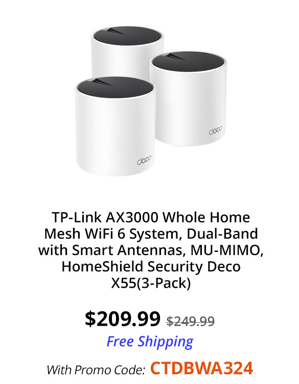 TP-Link AX3000 Whole Home Mesh WiFi 6 System, Dual-Band with Smart Antennas, MU-MIMO, HomeShield Security Deco X55(3-Pack)