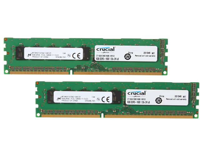 Crucial 16GB (2 x 8GB) 240-Pin DDR3 SDRAM ECC Unbuffered DDR3L 1600 (PC3L 12800) Server Memory Model CT2KIT102472BD160B