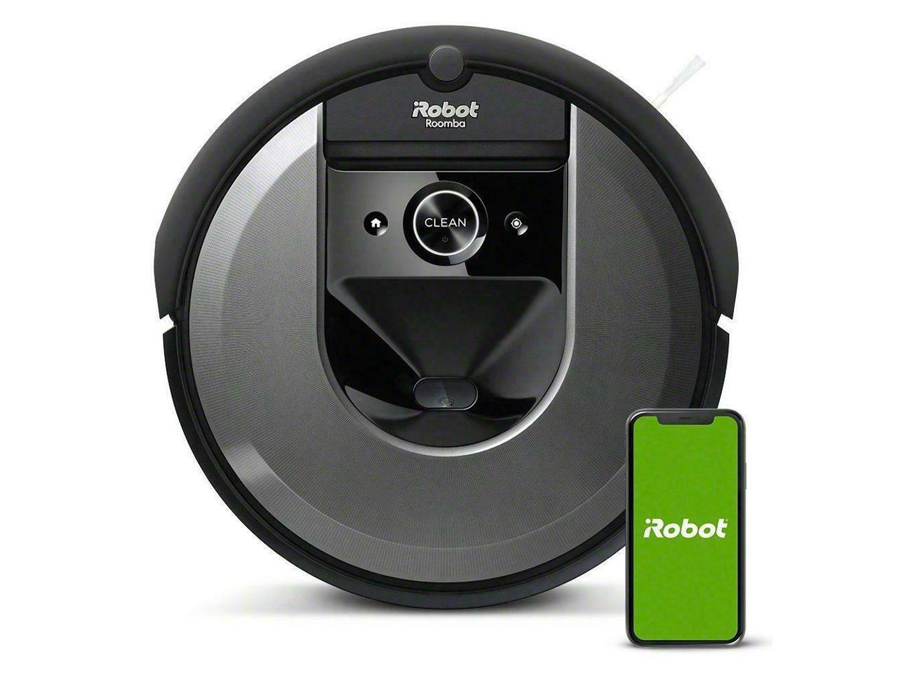 Top view of iRobot Roomba I7 Wi-Fi Connected Robot Vacuum with Mobile smartphone displaying android iOS app
