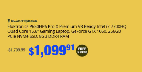 Eluktronics P650HP6 Pro-X Premium VR Ready Gaming Laptop - Intel i7-7700HQ Quad Core Windows 10 Home 6GB GDDR5 NVIDIA GeForce GTX 1060 15.6” Full HD IPS 256GB PCIe NVMe SSD + 8GB DDR4 RAM