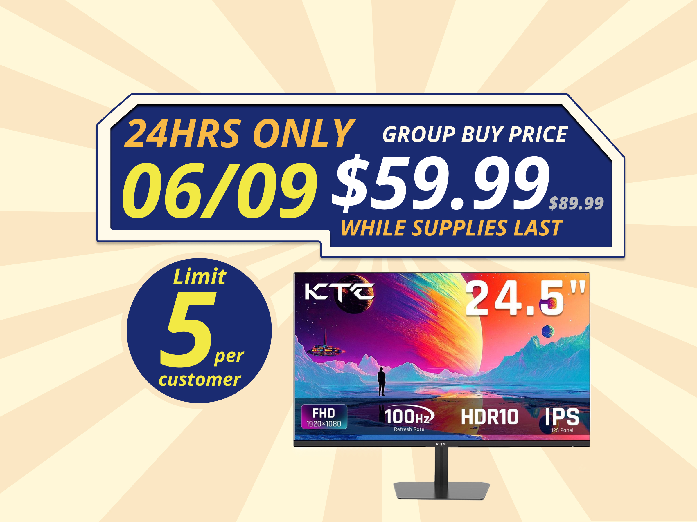 KTC 24.5 Inch 100Hz IPS Computer Monitor - FHD(1920 x 1080P), Anti-Blue Light Screen, 126% sRGB, 16.7M, Support FreeSync and GSync, PC Monitor for Casual Gaming and Working