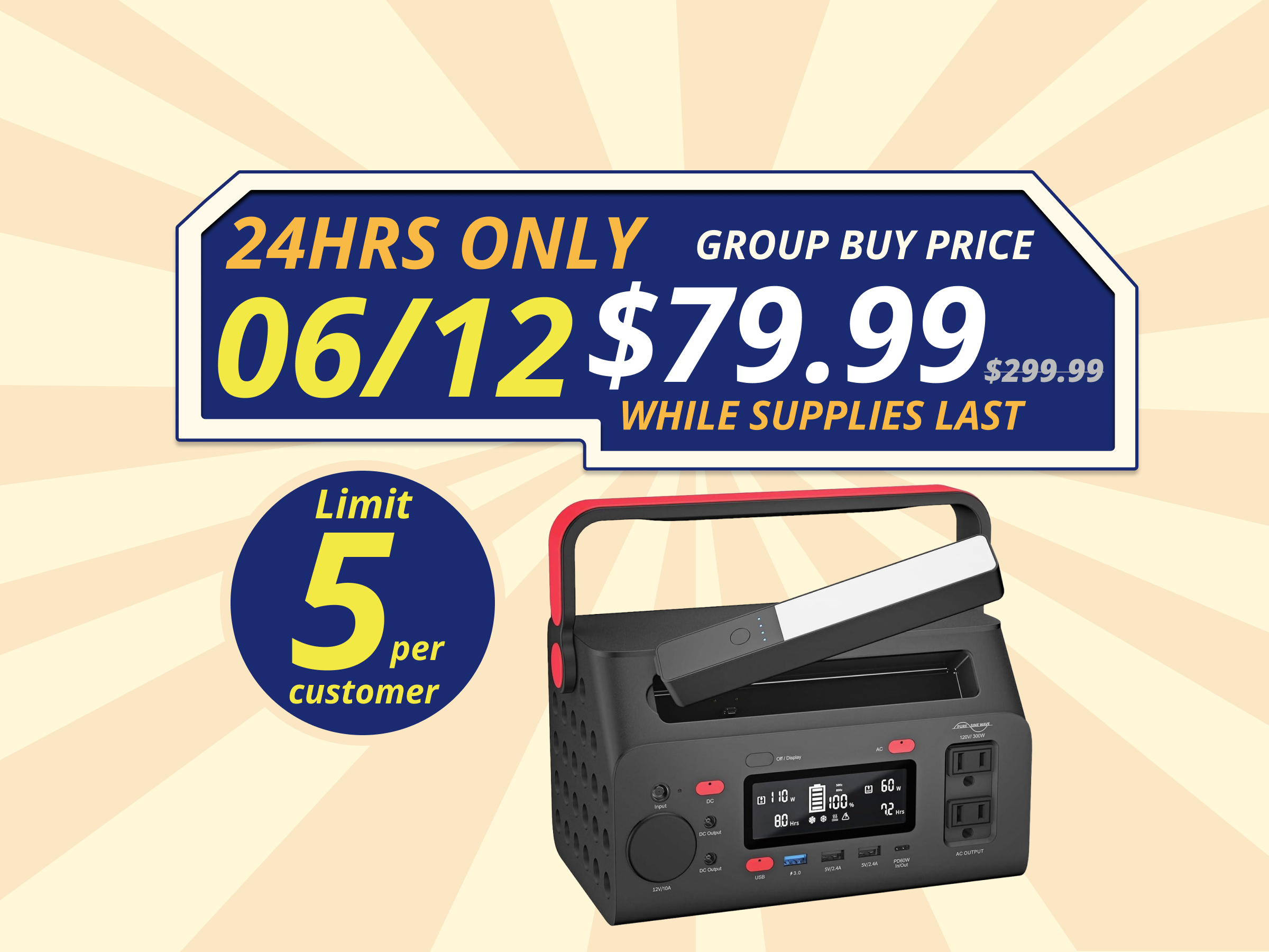 Energizer 293W Portable Power Station, Flashlight, Lithium, Solar Generator, 120V/300W(Peak 600W) Pure Sine Wave AC Outlet, 60W USB-C PD, Case, Outdoor, Home Emergency, Power Outage, RV, Camping, CPAP
