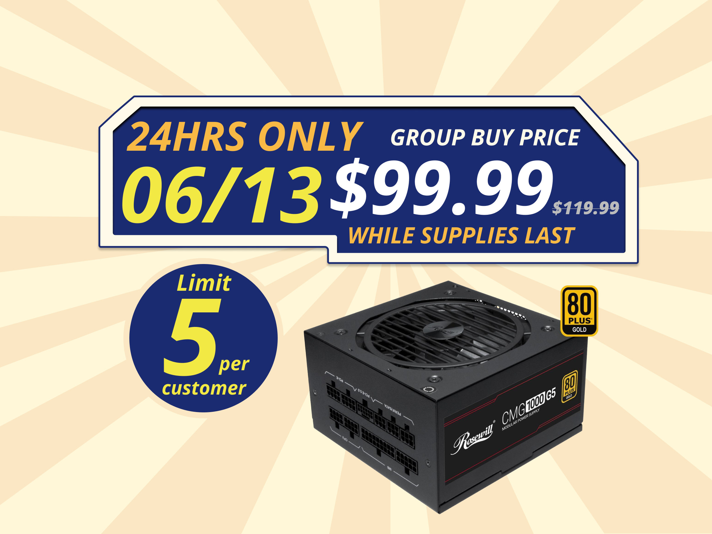 Rosewill CMG5 1000W, ATX 3.0 & 3.1 Compatible, 80+ Gold 1000W Full Modular Power Supply, PCIe 5.0 600W 12V-2x6 Connector, 100% Japanese Capacitors, 120mm FDB Fans - CMG1000G5