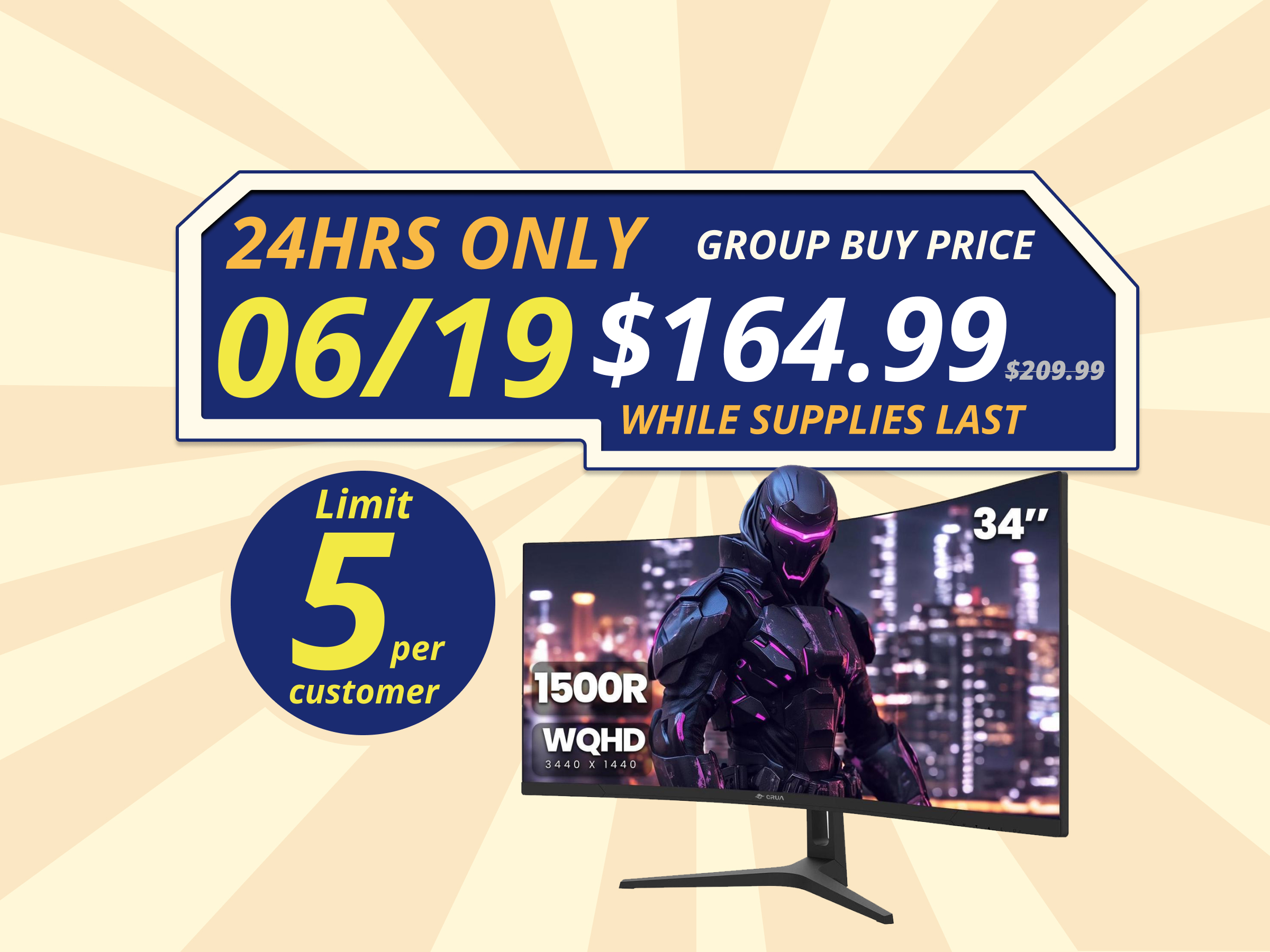 CRUA 34Inch Ultrawide Gaming Monitor, WQHD(3440*1440P)144Hz/165Hz Curved Monitor,1500R, 99% sRGB, Computer Monitor That Support AMD Freesync, HDMI 2.0 & Displayport 1.4,Wall Mountable Installs-Black