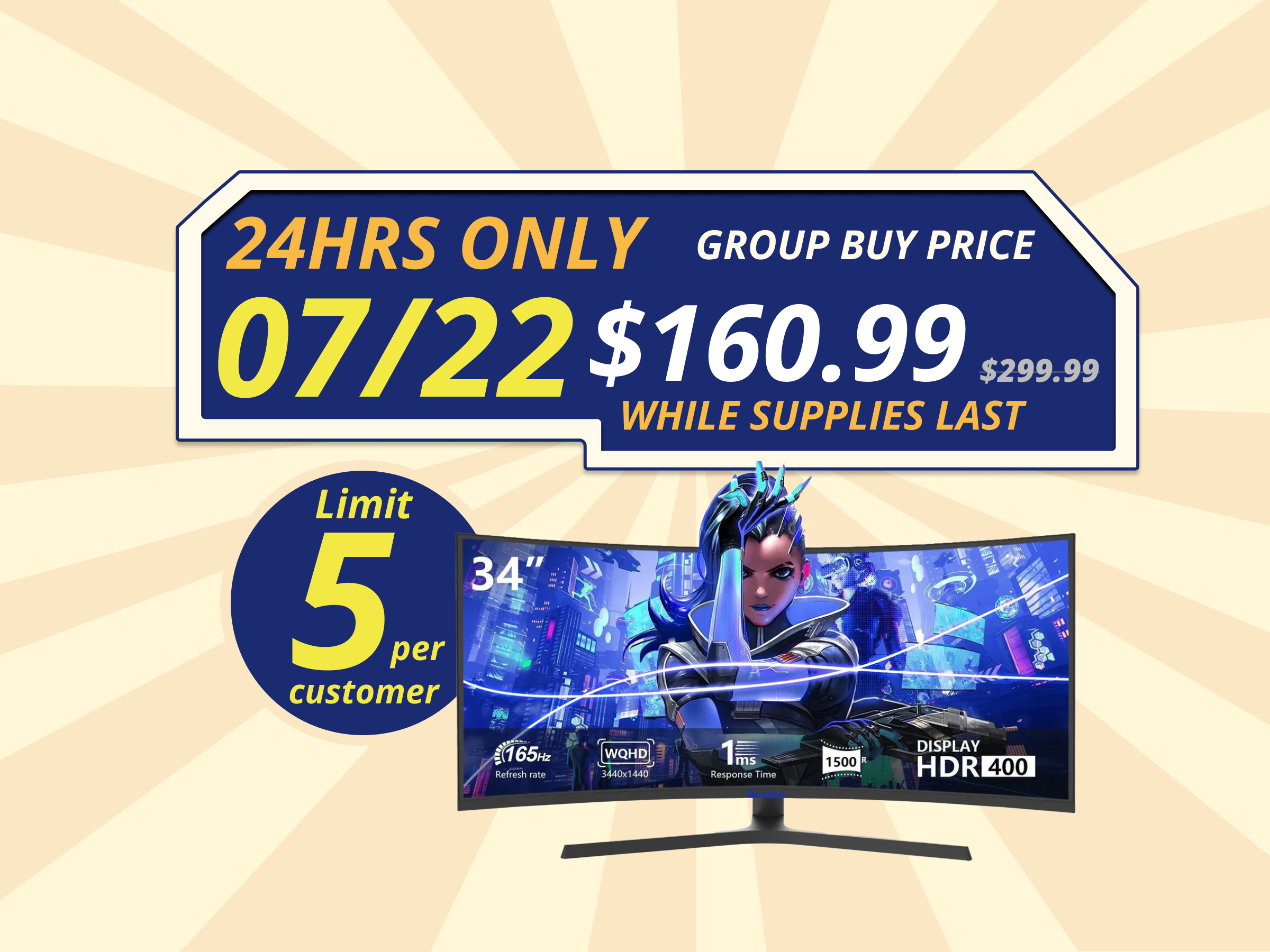 Sealan 34 inch Curved Ultrawide Computer Gaming Monitor 165Hz,UWQHD 3440x1440,1500R -PIP,1ms (MPRT),HDR, 300nits, sRGB99%,FreeSync,HDMI2.0(TMDS) x2,DP1.4 x2,Eye Care,VESA,Support Lifting Base