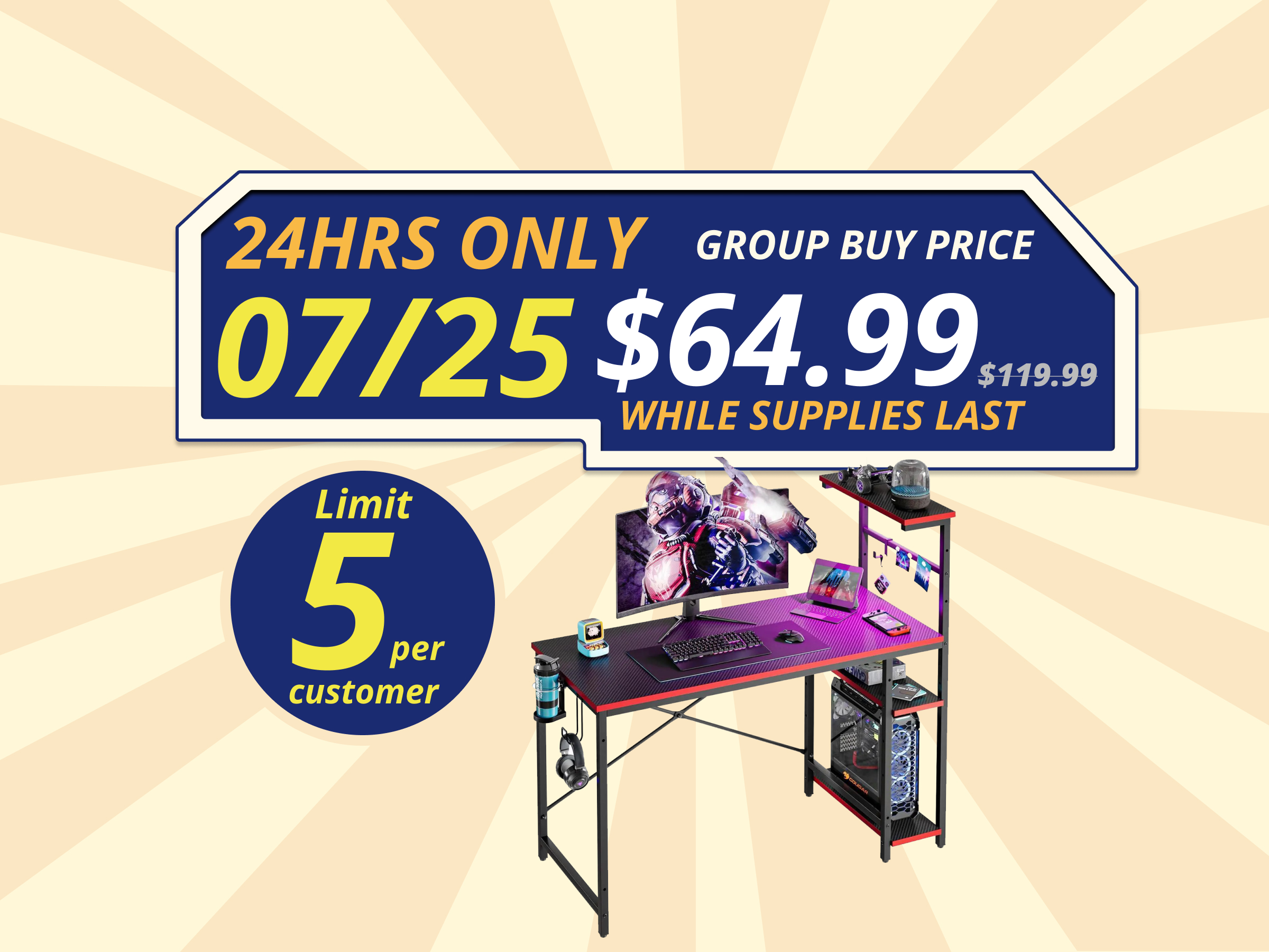 Bestier 44" Rectangular Gaming Desk with RGB LED Lights and Adjustable Storage Shelves, Carbon Fiber Black Finish, with Foldable Cup Holder and Headphone Hook, Easy Assembly