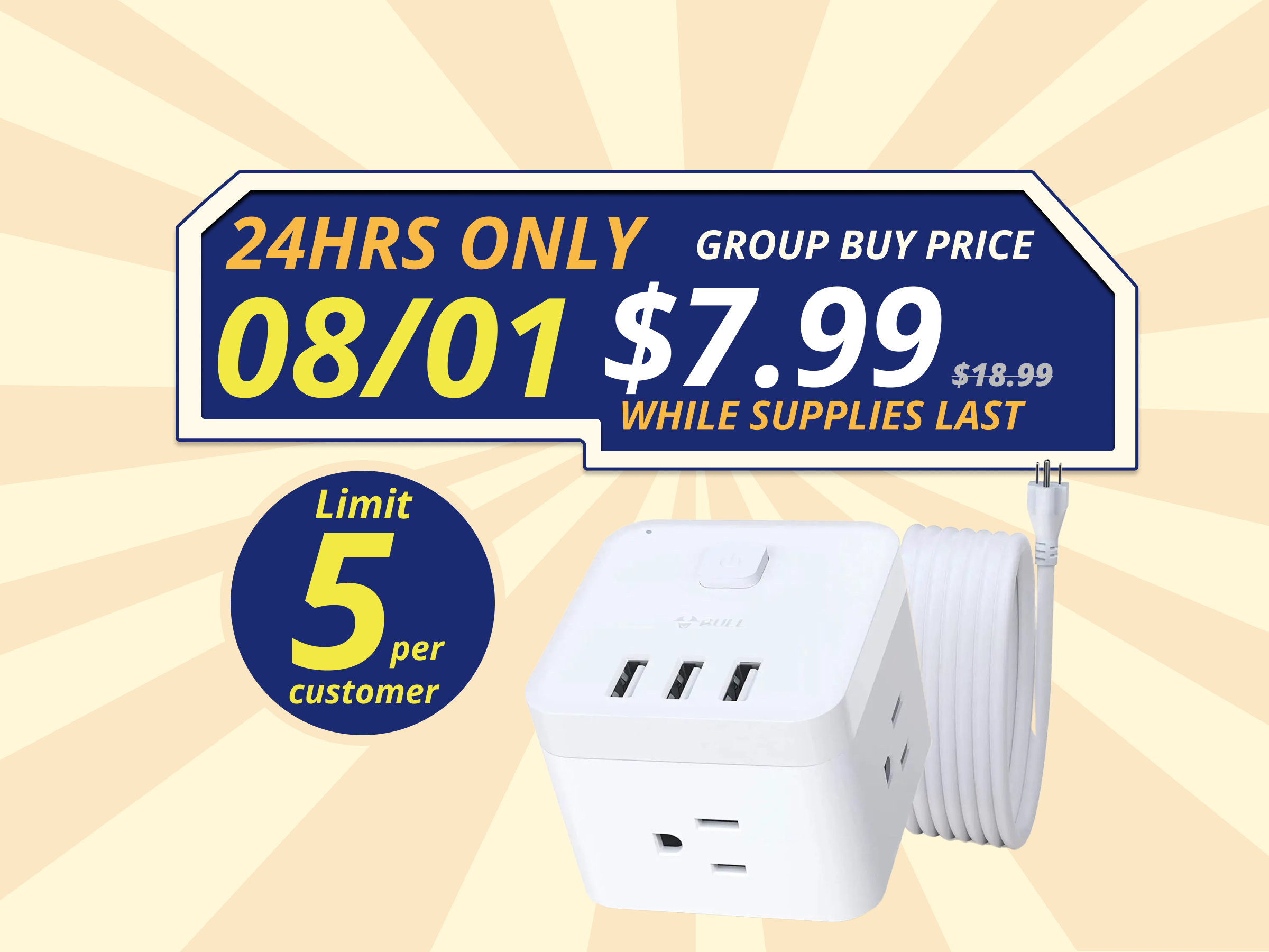 BULL Power Strip - 3 USB Ports, 3 AC Outlets and 5ft Flexible Extension Cord