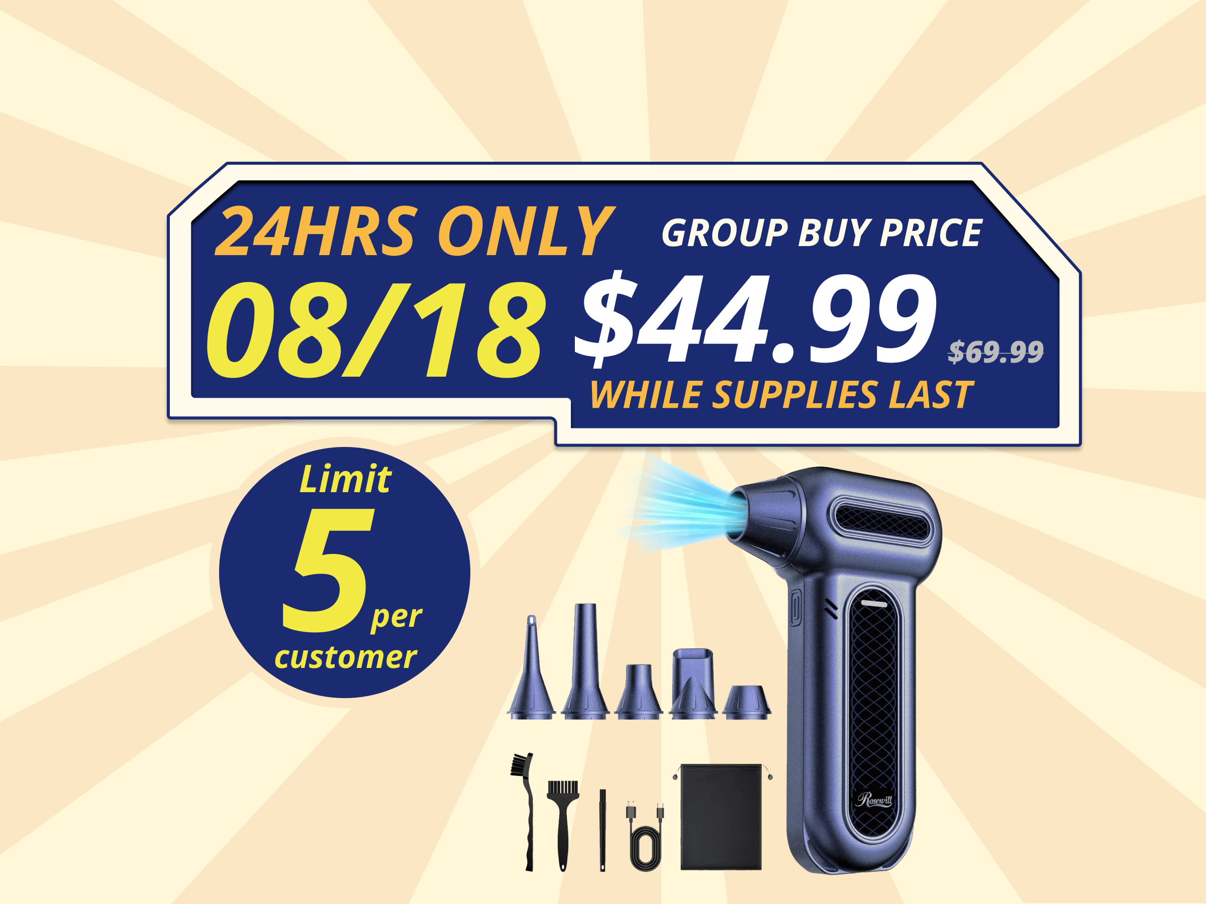 Rosewill Electric Air Duster - 130,000 RPM Super Power Cordless Compressed with Turbo Mode, 4-Gear Adjustable Mini Blower with Fast Charging, Inflation and Suction, Dust Blower for Computer, Keyboard
