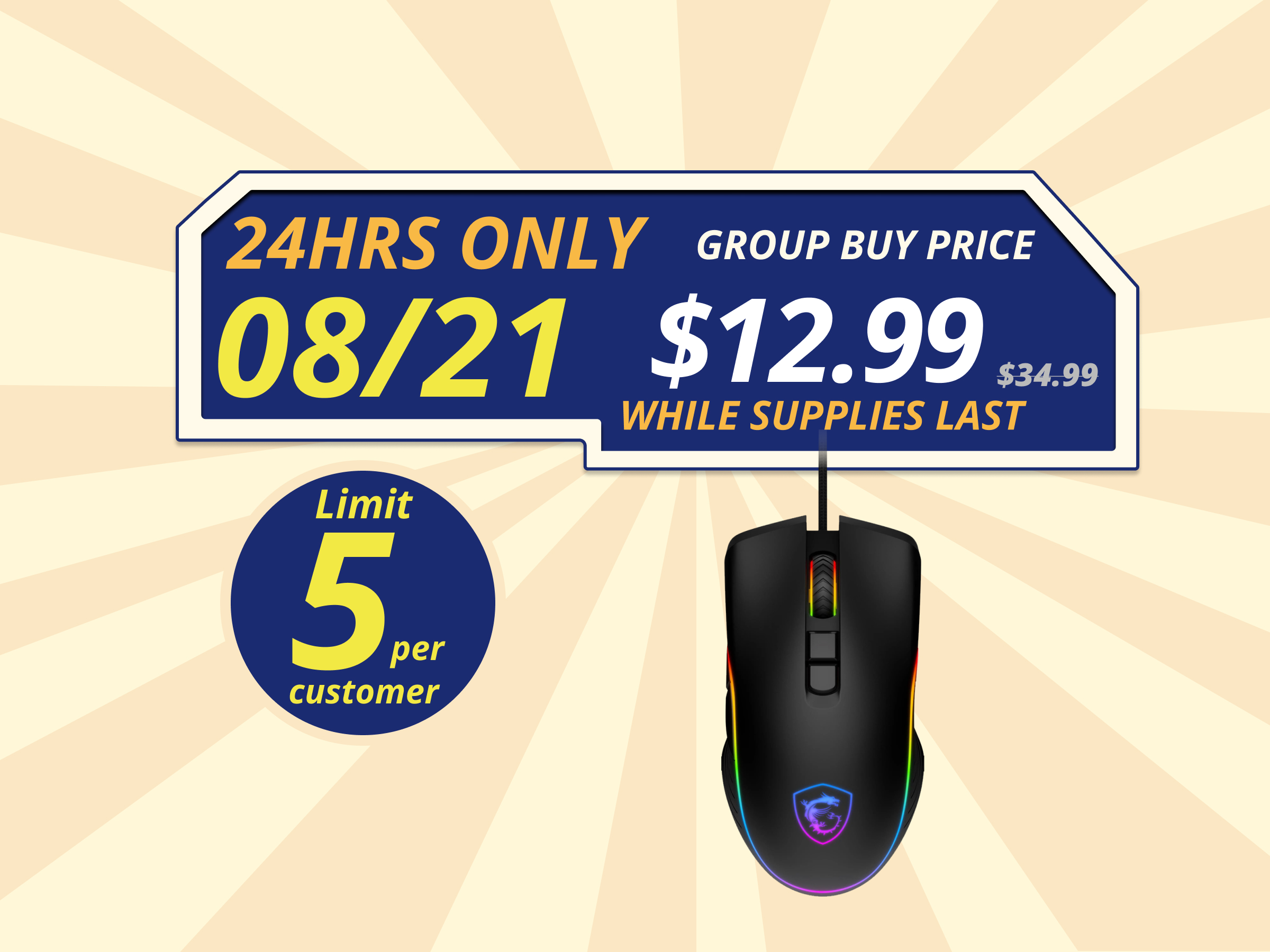 MSI Forge GM300 Lightweight Gaming Mouse - USB, RGB, Adjustable up to 7200 DPI - Black