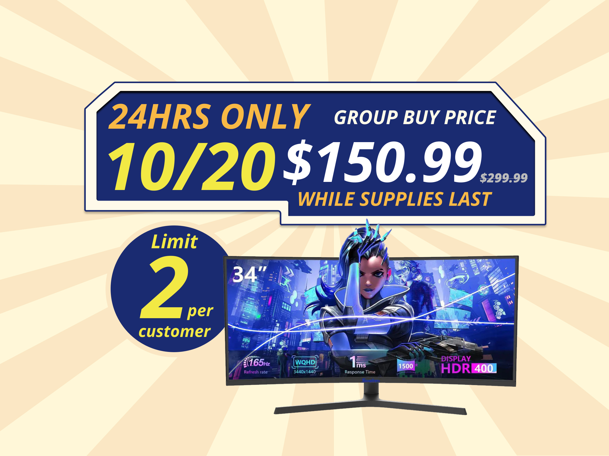 Sealan 34 inch Curved Ultrawide Computer Gaming Monitor 165Hz,UWQHD 3440x1440,1500R -PIP,1ms (MPRT),HDR, 300nits, sRGB99%,FreeSync,HDMI2.0(TMDS) x2,DP1.4 x2,Eye Care,VESA,Support Lifting Base