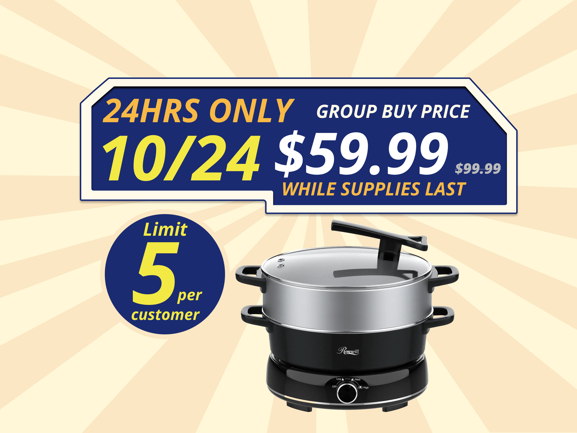 Rosewill 12.7 QT Electric Hot Pot with Multiple Functions, Split Design with 11.8 inch Wider Cooking Pot and SUS Steam Basket, 1600W High Power, Includes Utensils - Black