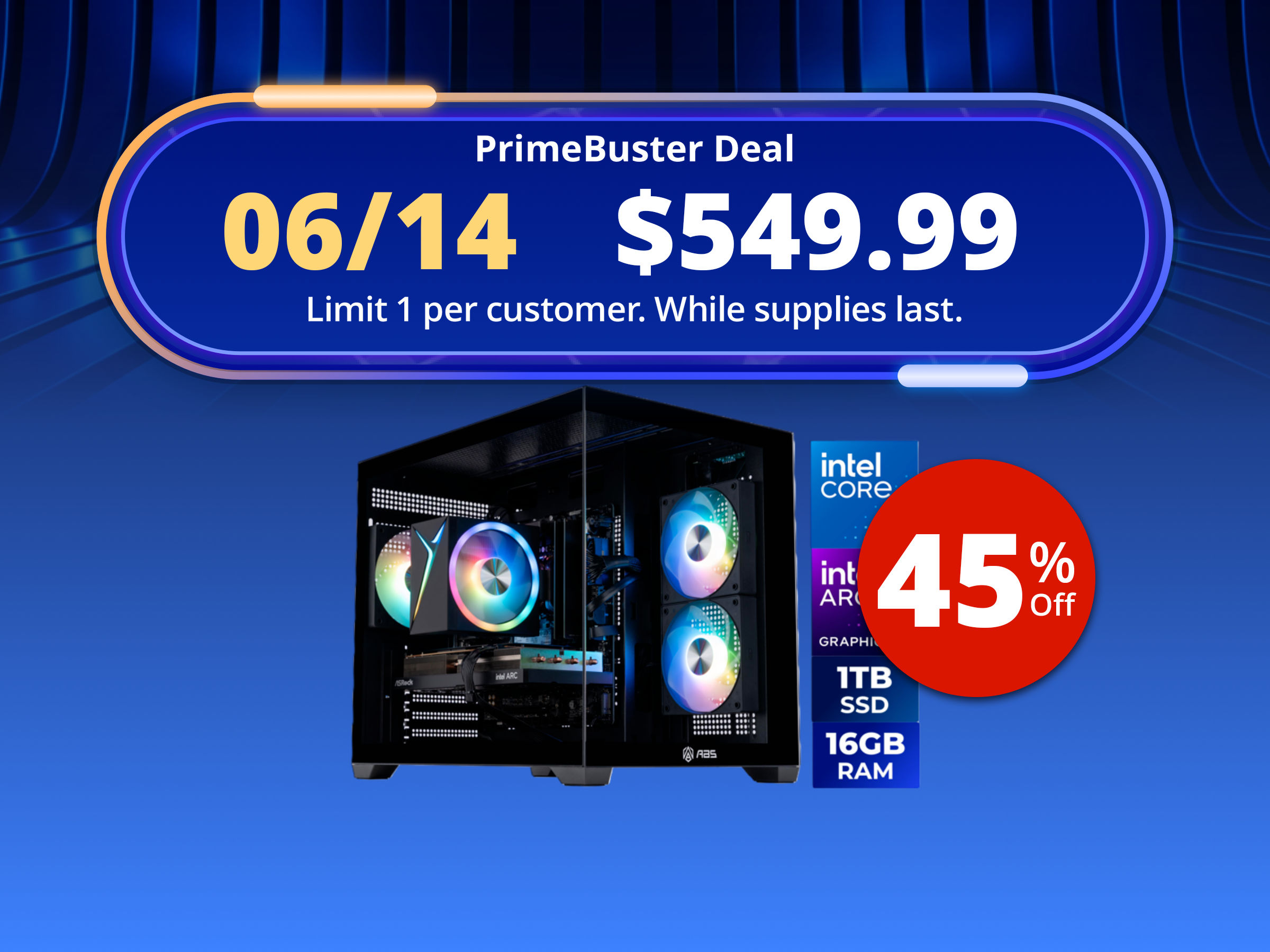 ABS Flux II Aqua Gaming PC - Windows 11 - Intel Core 5 120 - Arc A580 8GB - 16GB DDR4 3200 - 1TB M.2 SSD ABS Flux II Aqua Gaming PC - Windows 11 - Intel Core 5 120 - Arc A580 8GB - 16GB DDR4 3200 - 1TB M.2 SSD