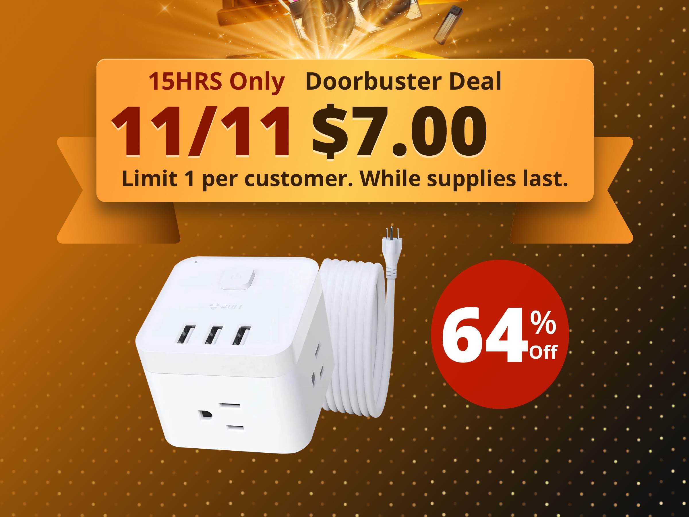 BULL Power Strip - 3 USB Ports, 3 AC Outlets and 5ft Flexible Extension Cord