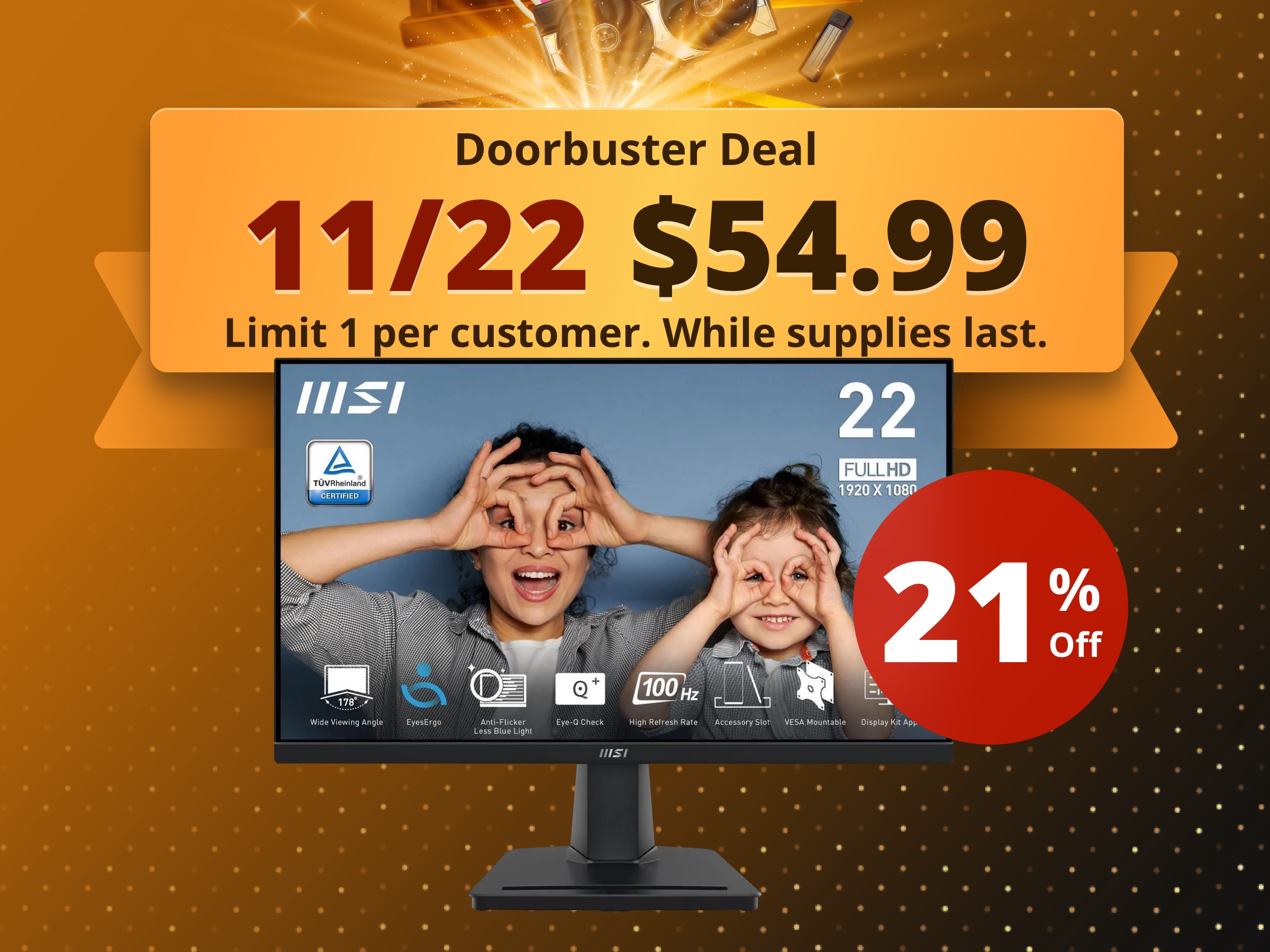 MSI 22" 100 Hz VA FHD Monitor 1ms (MPRT) / 4ms (GTG) Adaptive-Sync Pro MP225V