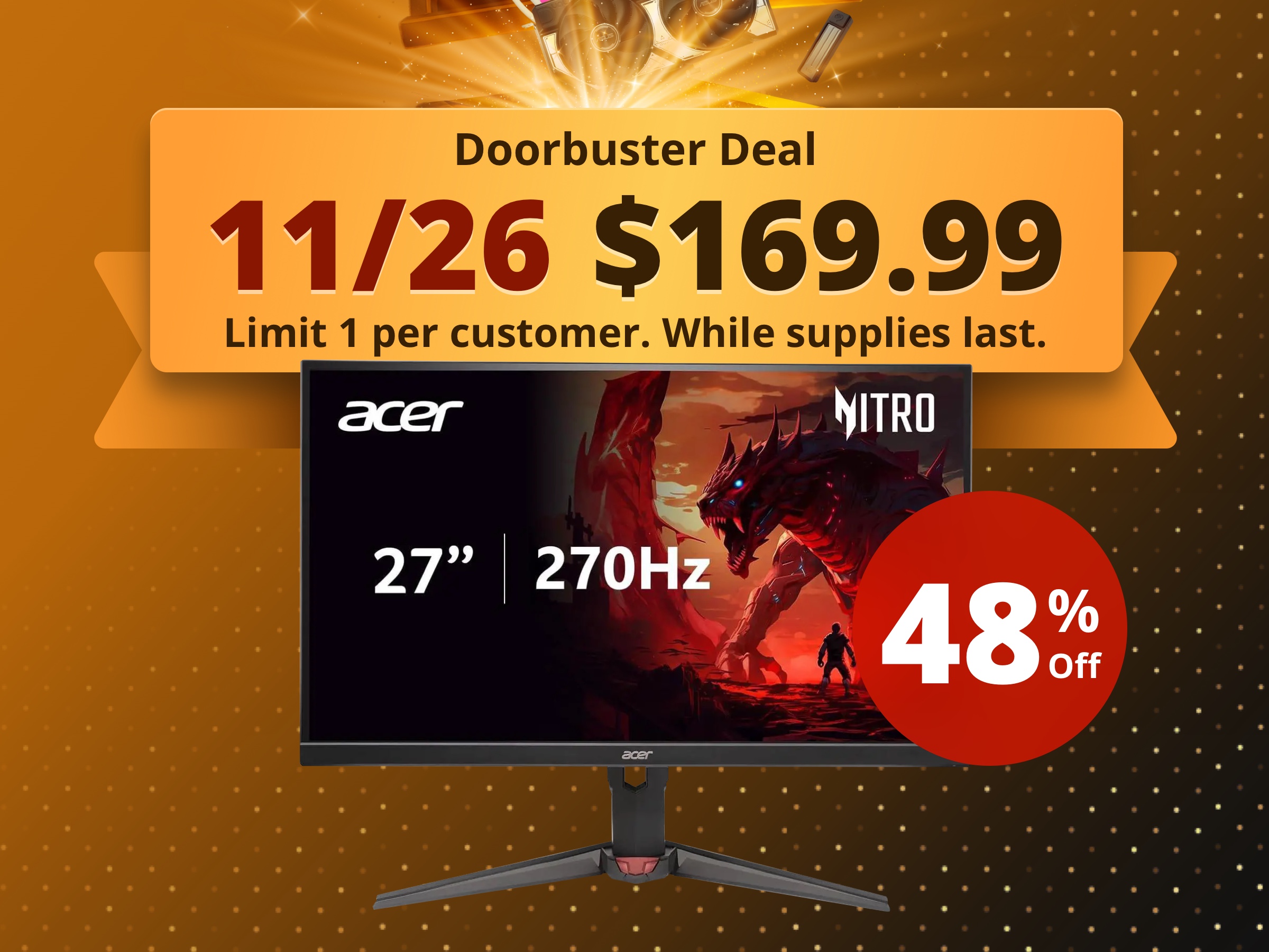 Acer Nitro XV270U Z1bmiiprx Gaming Monitor 27" WQHD (2560 x 1440) IPS with AMD FreeSync Premium Technology, Up to 270Hz Refresh Rate, Up to 0.5ms, sRGB 99%, (2 x HDMI 2.0 Ports & 1 x Display Port 1.4)