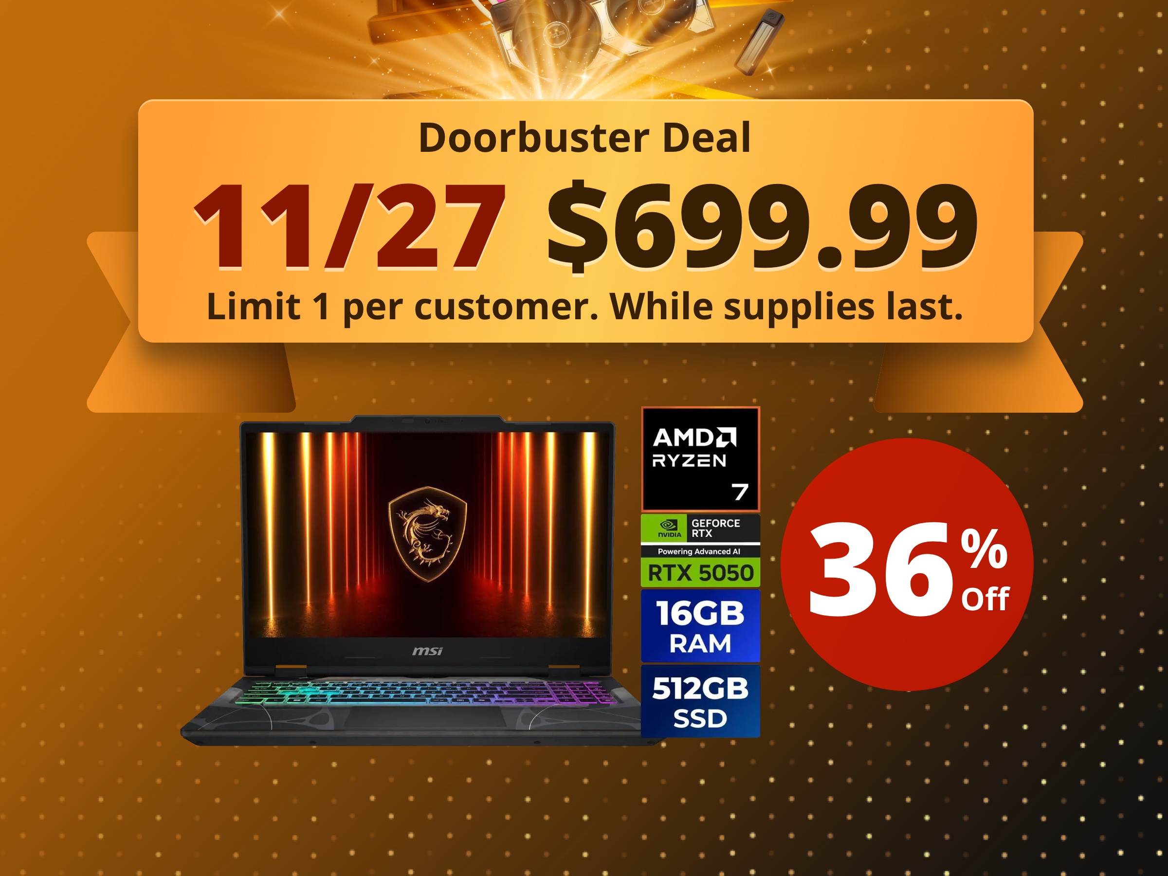 MSI Cyborg A15 - 15.6" GeForce RTX 5050 Laptop GPU - AMD Ryzen 7 260(3.80-5.10 GHz) - 16GB Memory - 512 GB NVMe SSD - Windows 11 Home Gaming Laptop - 144 Hz IPS (Cyborg A15 AI B2HWEKG-071US )