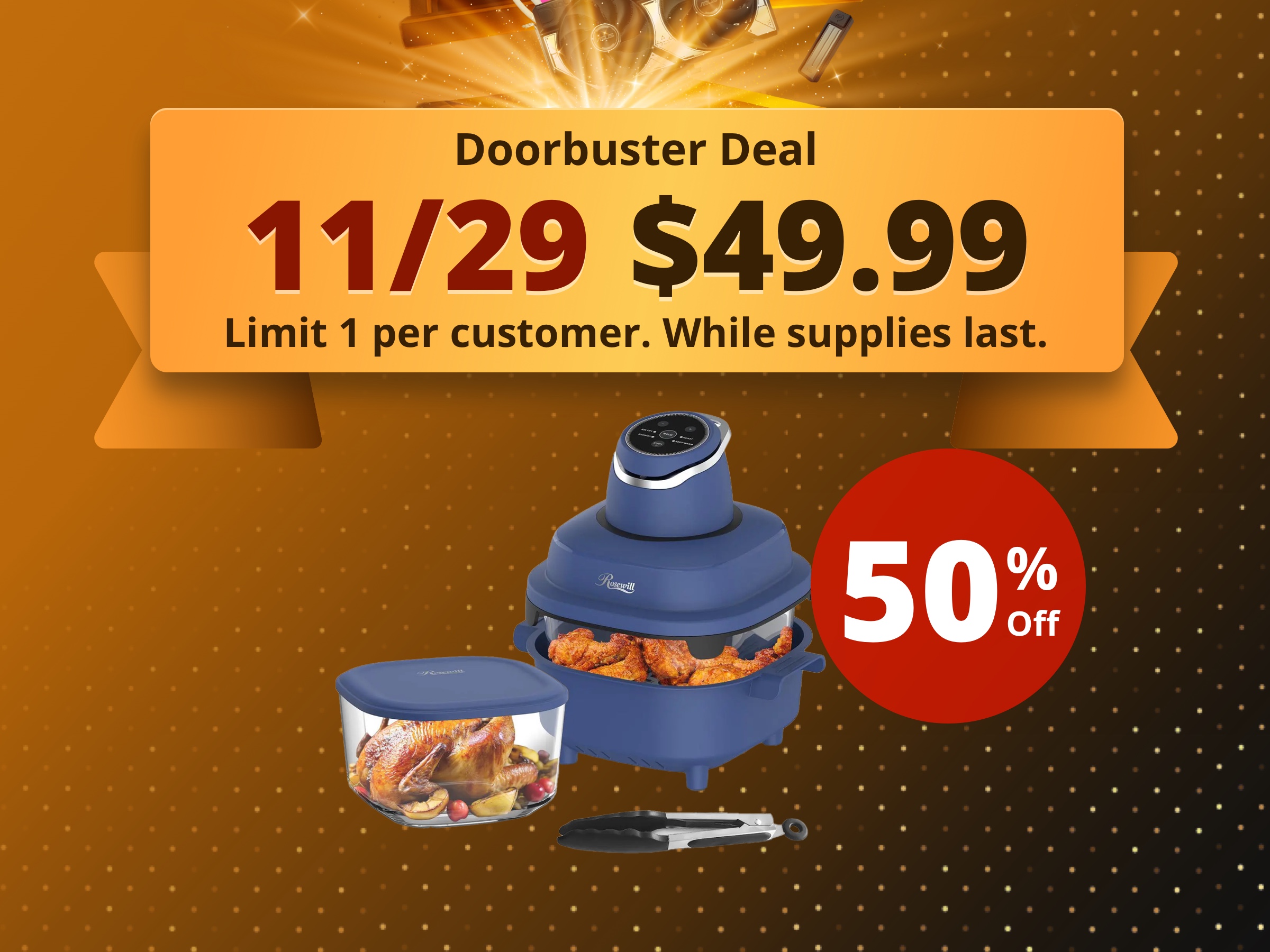 Rosewill 4-in-1 Portable Glass Air Fryer, 4.7QT Transparent Glass Cooking Pot with Storage Lid & Tongs, Compact Smart for Deep Roast, Recrisp, Keep Warm – Navy Blue