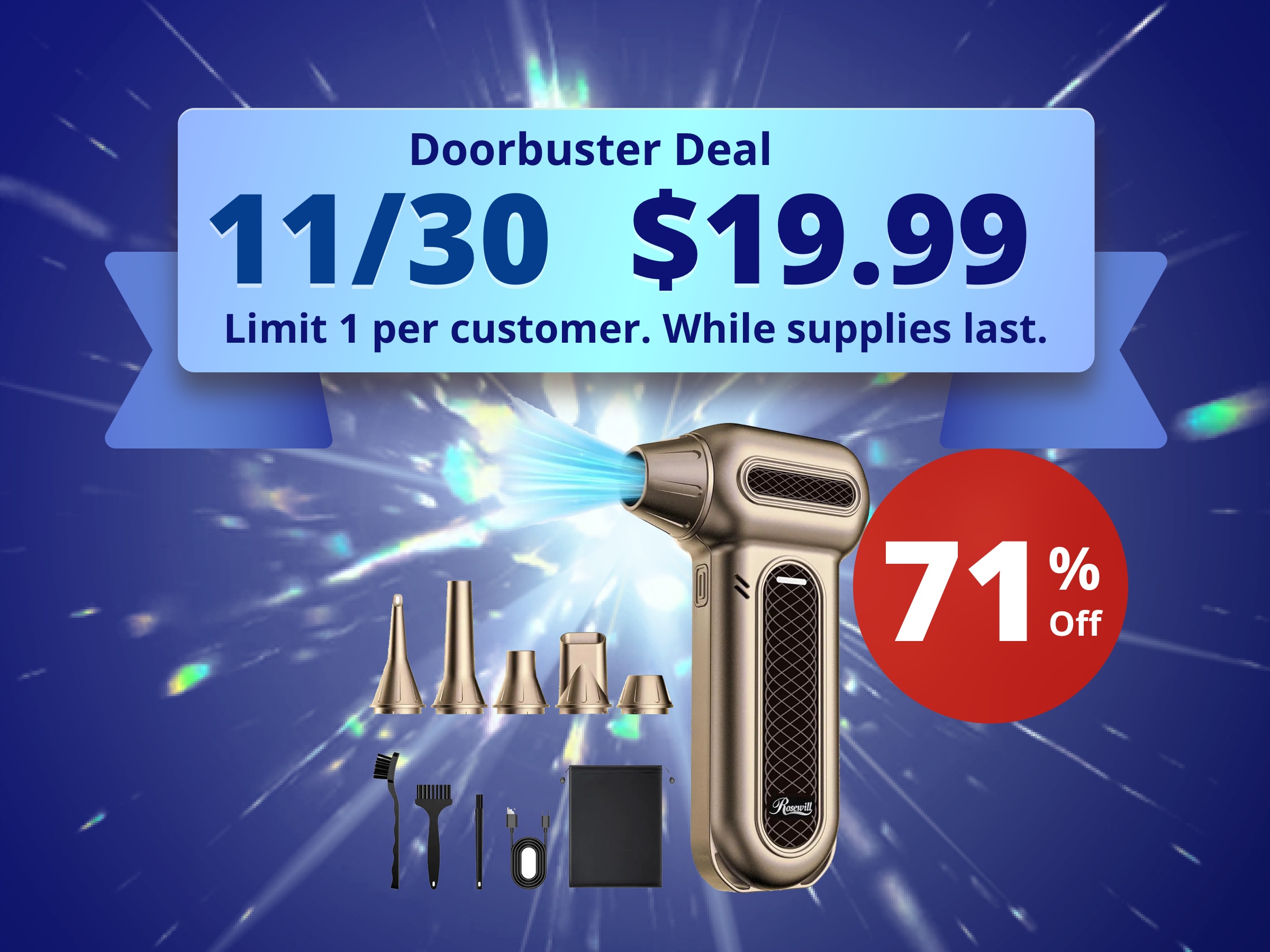 Rosewill Electric Air Duster - 130,000 RPM Super Power Cordless Compressed with Turbo Mode, 4-Gear Adjustable Mini Blower with Fast Charging, Inflation and Suction, Dust Blower for Computer, Keyboard